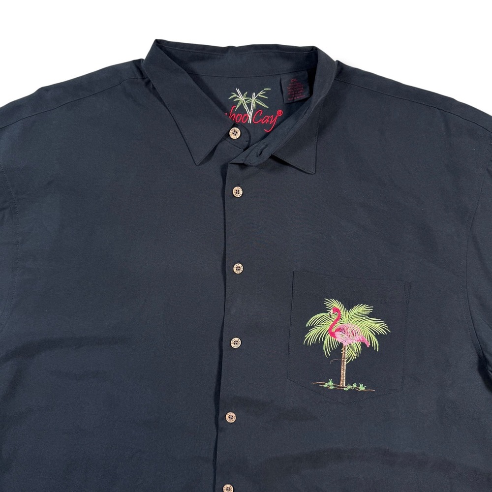 Bamboo Cay Camp Shirt Mens XXL Black Pink Palmingo Flamingo Embroidered